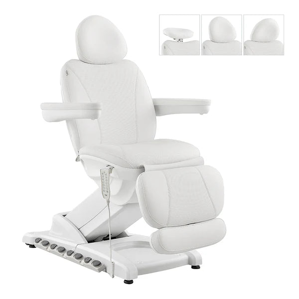 All-white electric facial bed and medical spa treatment chair featuring adjustable armrests, a wired hand remote, and built-in foot controls on the base. The top right inset images show the adjustable headrest with a removable cushion revealing a face cutout hole.