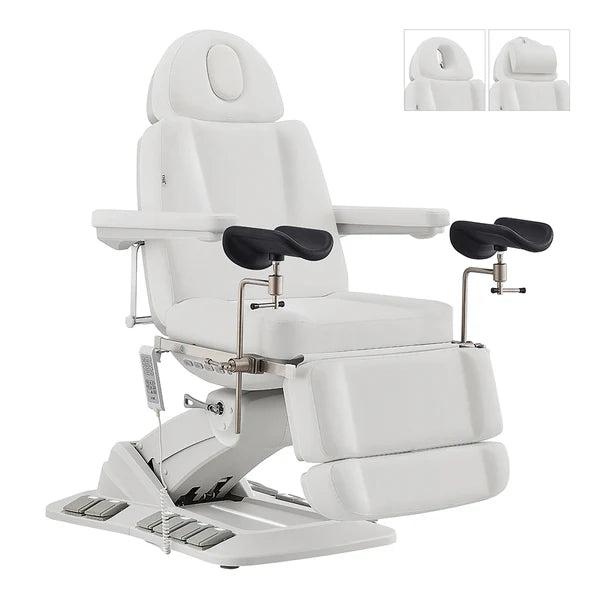 All White Geneva 4-motor electric medical exam chair in black leather, featuring adjustable OB/GYN stirrups, removable armrests, a handheld remote control, and foot pedals. Inset images highlight the versatile headrest configurations, including a face cutout for prone positioning and an attachable pillow cushion.