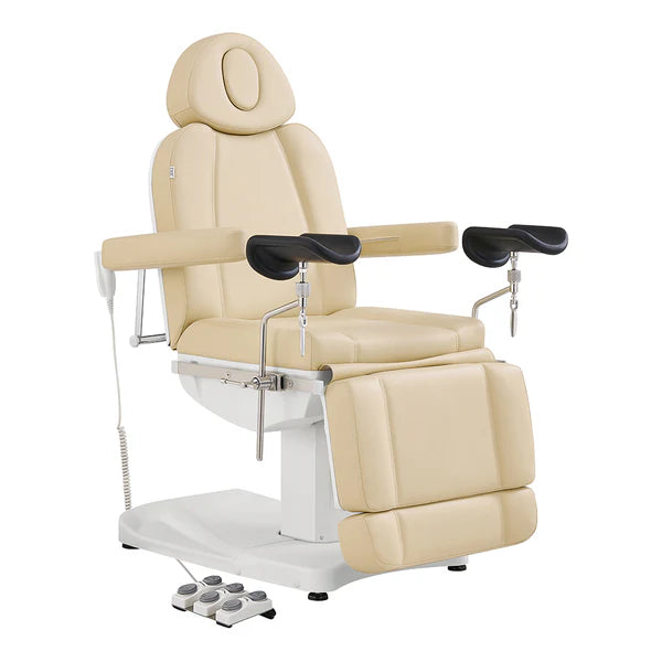All Beige electric medical and esthetician chair featuring adjustable stirrup armrests, extendable leg rests, and a multi-switch foot pedal.