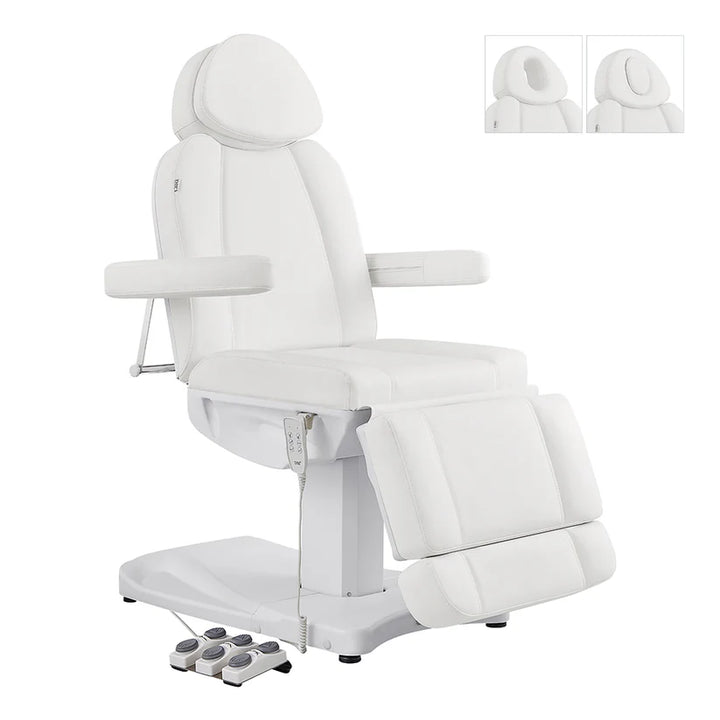 Ink 3-Motors Electric Medical Spa Chair in white with hand remote control and dual-option face cutout headrest.