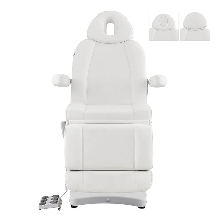 White Ink 3-Motors Medical Spa Chair front view with face cutout headrest and foot pedal controls.