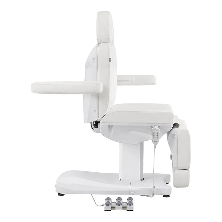 White Ink 3-Motors Medical Spa Chair side view showing adjustable armrests, hand remote, and foot controls.
