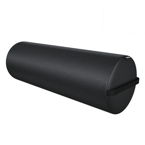 Black DIR Full Round Bolster Pillow with carry handle on a white background, used as a massage table accessory and physical therapy support cushion.