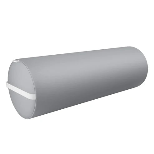 gray DIR Full Round Bolster Pillow with carry handle on a white background, used as a massage table accessory and physical therapy support cushion.