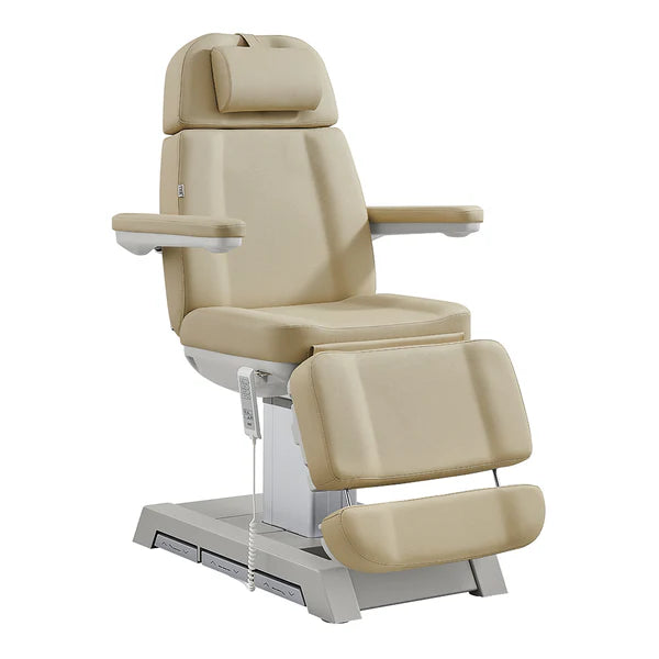 All Beige electric facial bed and medical spa chair by DIR, featuring adjustable headrest, armrests, leg extension, and a handheld remote control.