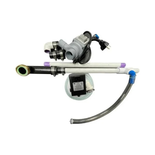TSB40-3A discharge pump complete kit compatible with Hanning pumps, featuring a chrome air switch, 2-minute timer, and drain pipe connections for pedicure spas.