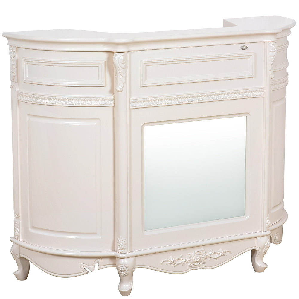 An elegant white reception desk with carved wooden details and a frosted glass panel, featuring a lockable drawer and a keyboard slide-out.