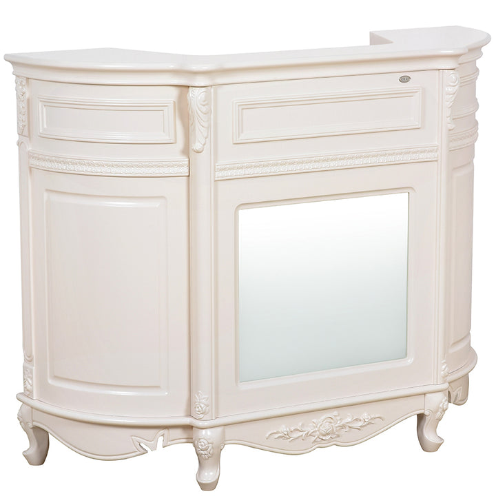 An elegant white reception desk with carved wooden details and a frosted glass panel, featuring a lockable drawer and a keyboard slide-out.