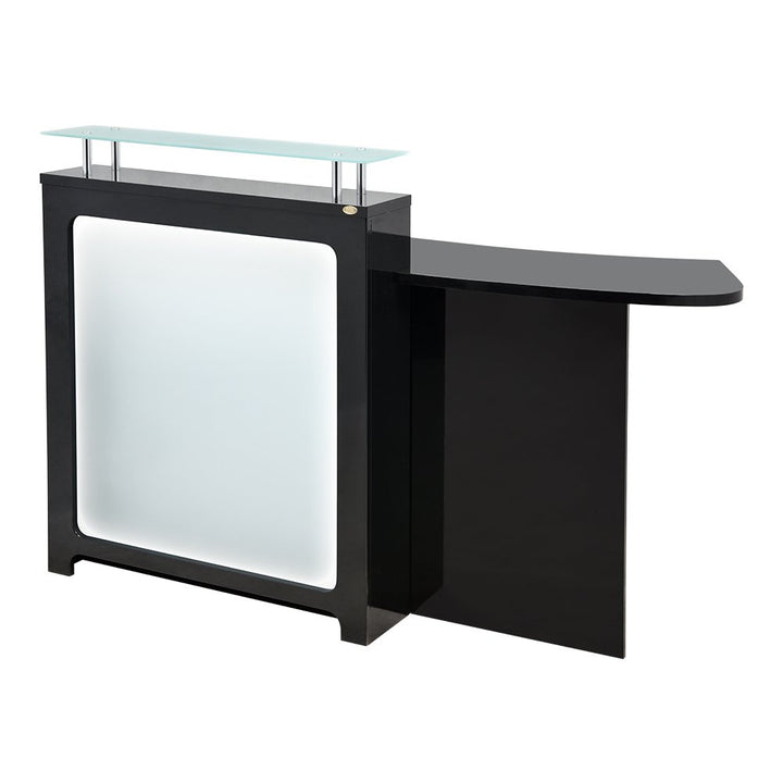 Modern Black salon reception desk with raised glass shelf and ADA check-in counter extension.