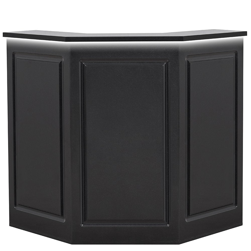 Valencia Combination LED standing reception desk in glossy Black with an angled three-panel front design and integrated LED under-counter lighting.