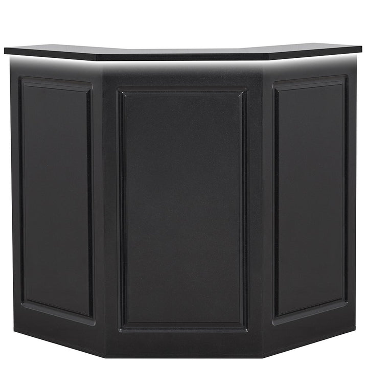 Valencia Combination LED standing reception desk in glossy Black with an angled three-panel front design and integrated LED under-counter lighting.