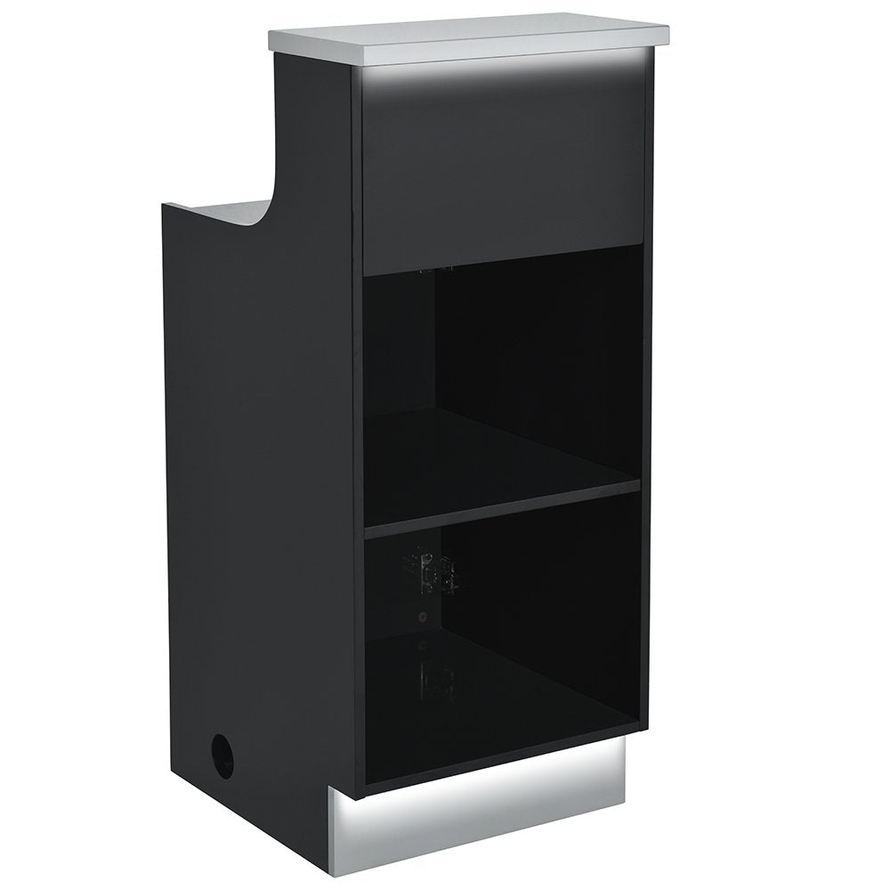 DIR Janus modern LED illuminated salon reception counter with retail display shelves