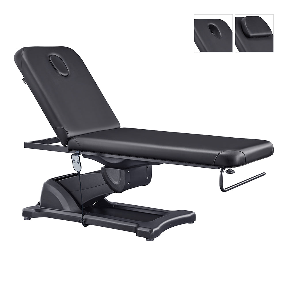 Serenity Electric Treatment Table and Black wellness therapy bed with motorized height and backrest controls for med spas, facials, and massage therapy.
