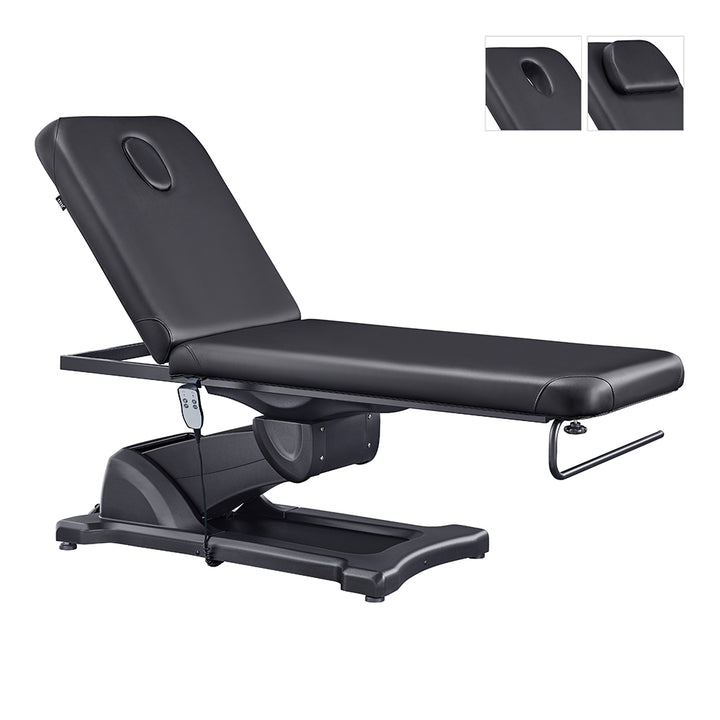 Serenity Electric Treatment Table and Black wellness therapy bed with motorized height and backrest controls for med spas, facials, and massage therapy.