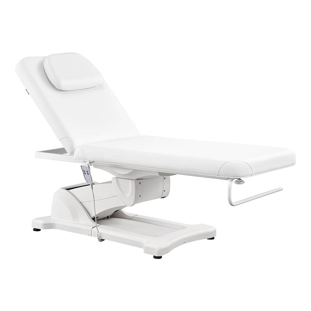 Serenity Electric Treatment Table and white wellness therapy bed with motorized height and backrest controls for med spas, facials, and massage therapy.