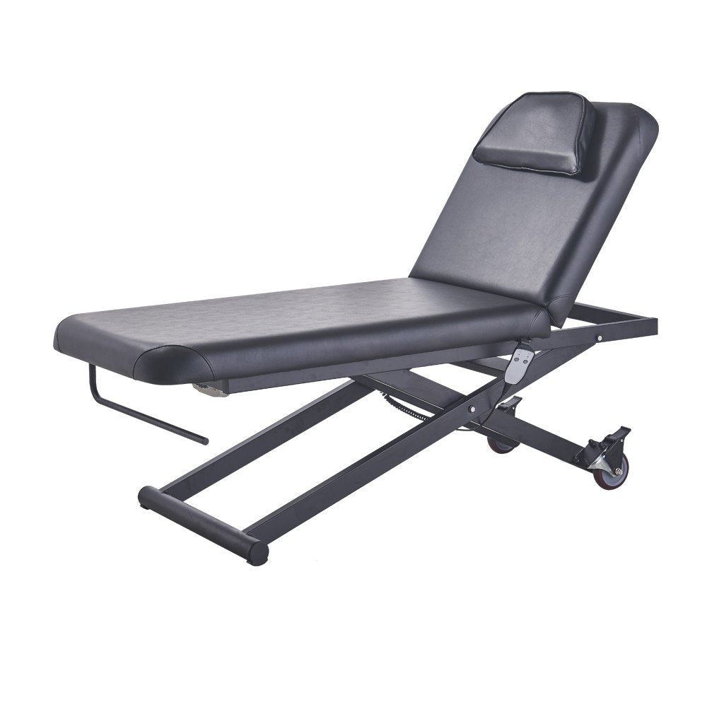 Black Ebro electric facial bed and massage table with an adjustable backrest, a face cutout, a scissor-lift metal base, and lockable caster wheels.