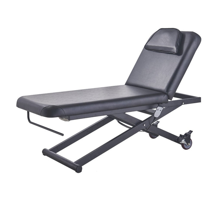Black Ebro electric facial bed and massage table with an adjustable backrest, a face cutout, a scissor-lift metal base, and lockable caster wheels.