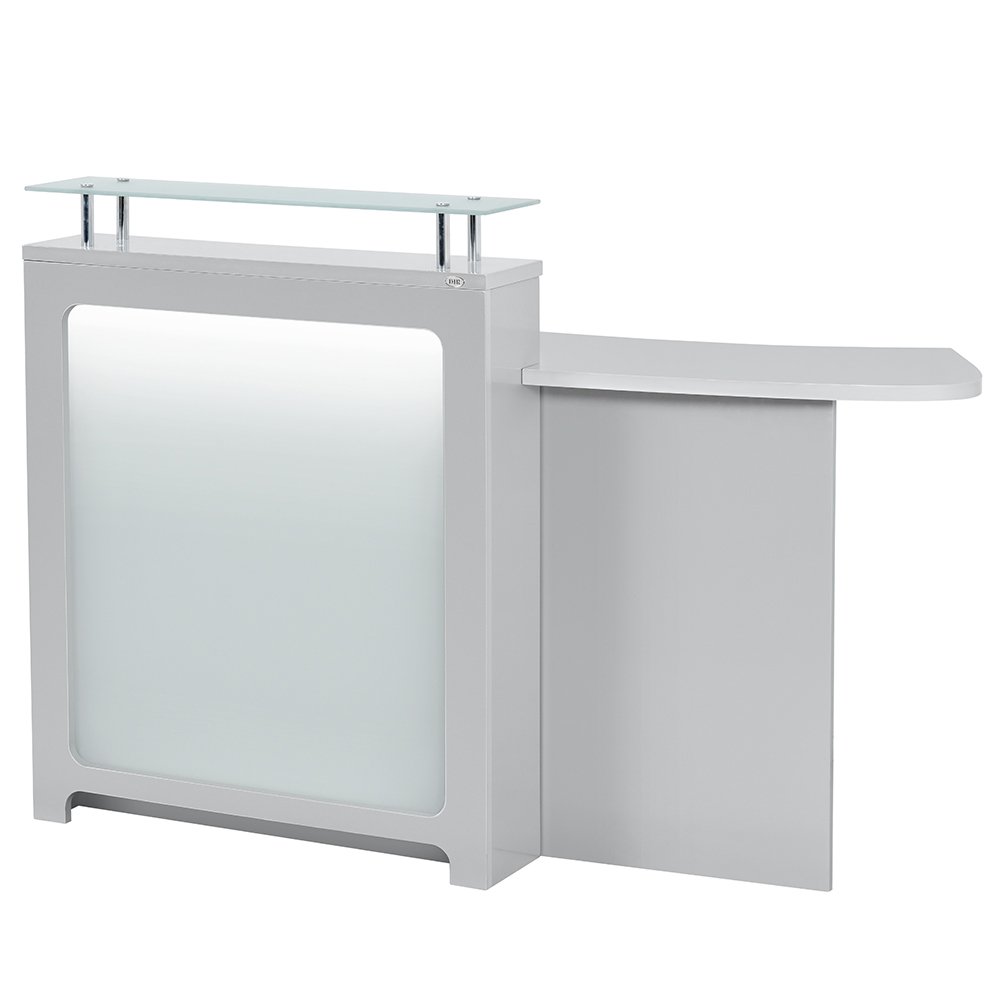 Modern Gray salon reception desk with raised glass shelf and ADA check-in counter extension.
