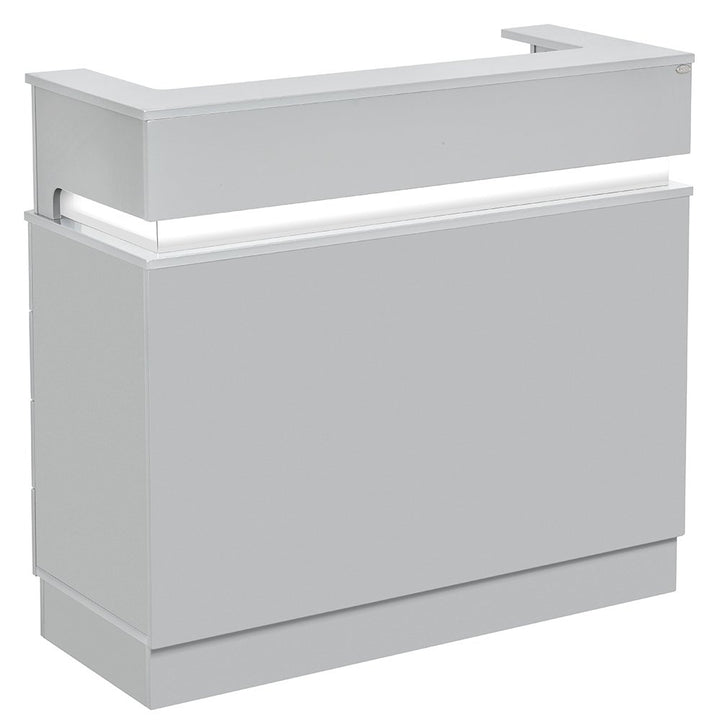 A modern Silver Gray Langara LED salon reception desk with a counter, keyboard slide-out, and LED light accent.