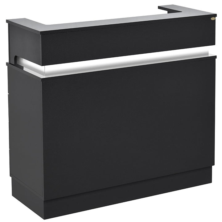 A modern black Langara LED salon reception desk with a counter, keyboard slide-out, and LED light accent.