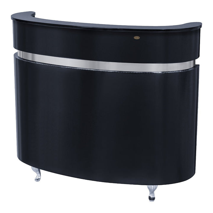 Modern, circular Black reception desk featuring an integrated warm LED light strip along the base and a sleek counter surface.