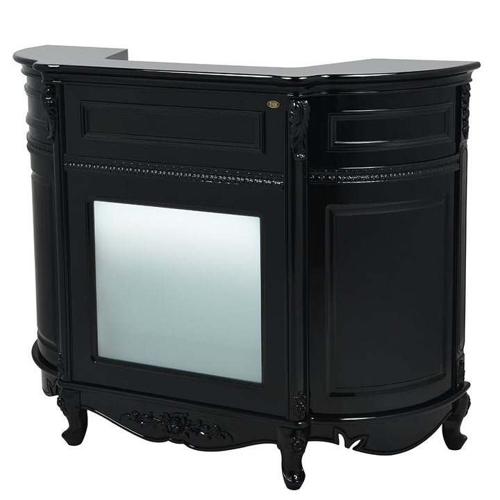 An elegant Black reception desk with carved wooden details and a frosted glass panel, featuring a lockable drawer and a keyboard slide-out.