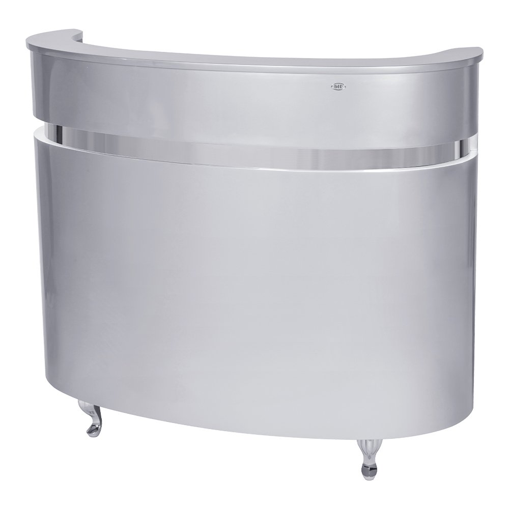 Modern, circular Silver reception desk featuring an integrated warm LED light strip along the base and a sleek counter surface.