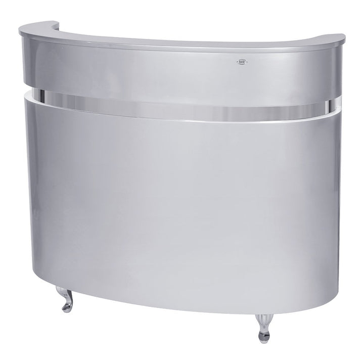 Modern, circular Silver reception desk featuring an integrated warm LED light strip along the base and a sleek counter surface.