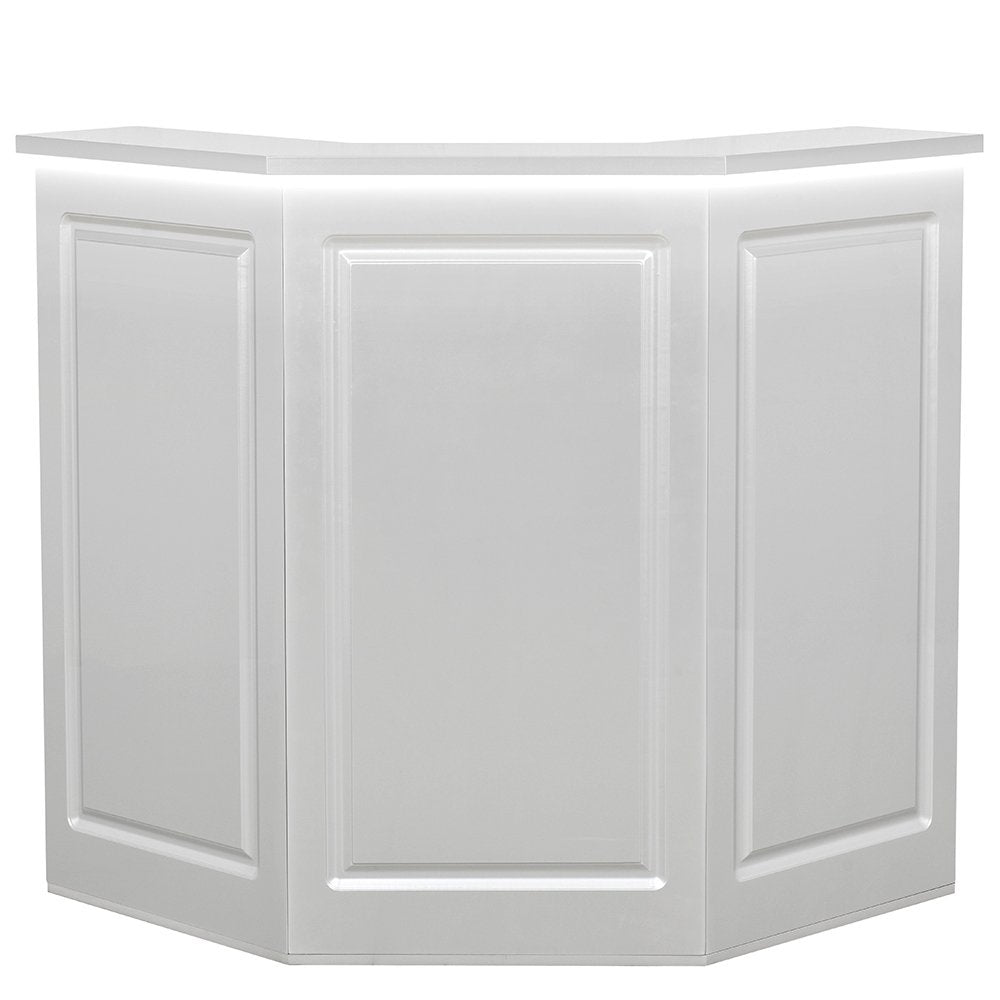Valencia Combination LED standing reception desk in glossy gray with an angled three-panel front design and integrated LED under-counter lighting.