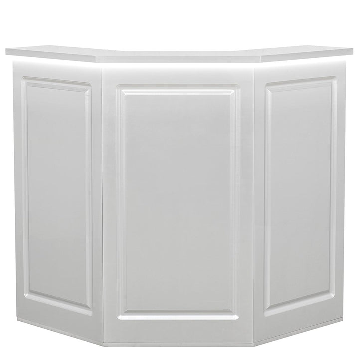 Valencia Combination LED standing reception desk in glossy gray with an angled three-panel front design and integrated LED under-counter lighting.