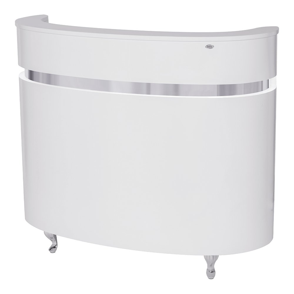 Modern, circular white reception desk featuring an integrated warm LED light strip along the base and a sleek counter surface.