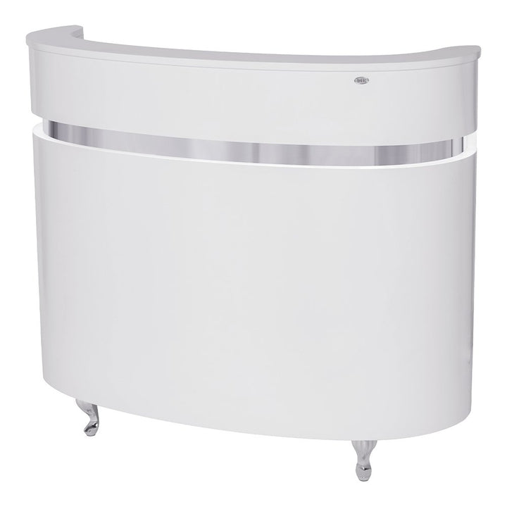 Modern, circular white reception desk featuring an integrated warm LED light strip along the base and a sleek counter surface.