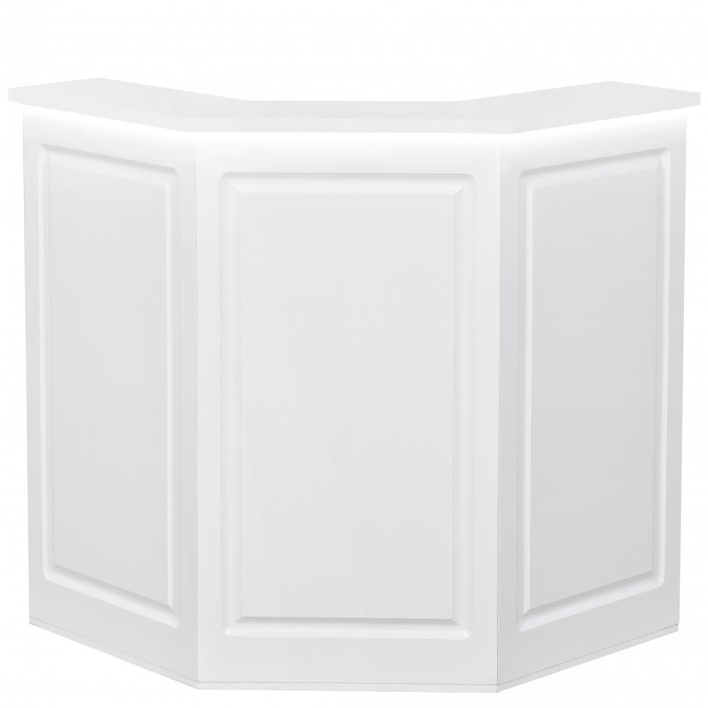 Valencia Combination LED standing reception desk in glossy white with an angled three-panel front design and integrated LED under-counter lighting.