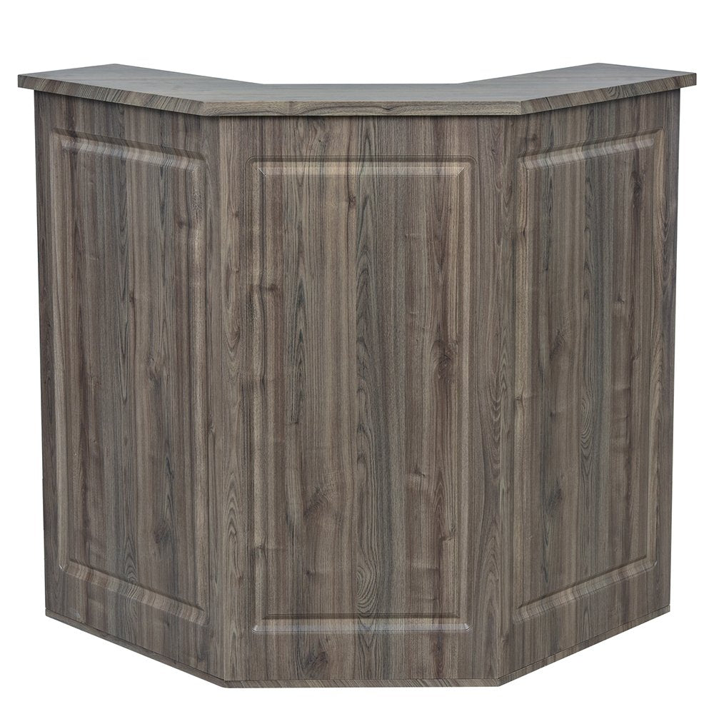 Valencia Combination LED standing reception desk in glossy Rustic Teak with an angled three-panel front design and integrated LED under-counter lighting.