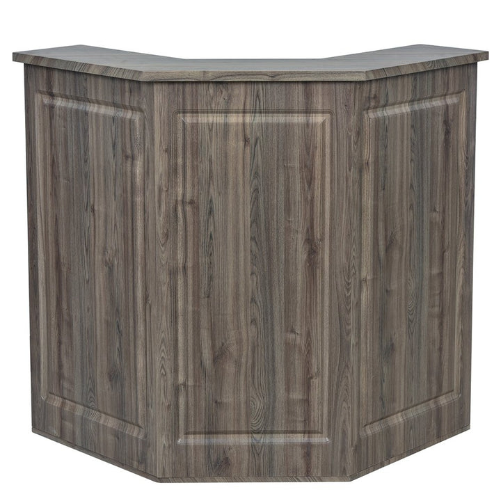 Valencia Combination LED standing reception desk in glossy Rustic Teak with an angled three-panel front design and integrated LED under-counter lighting.