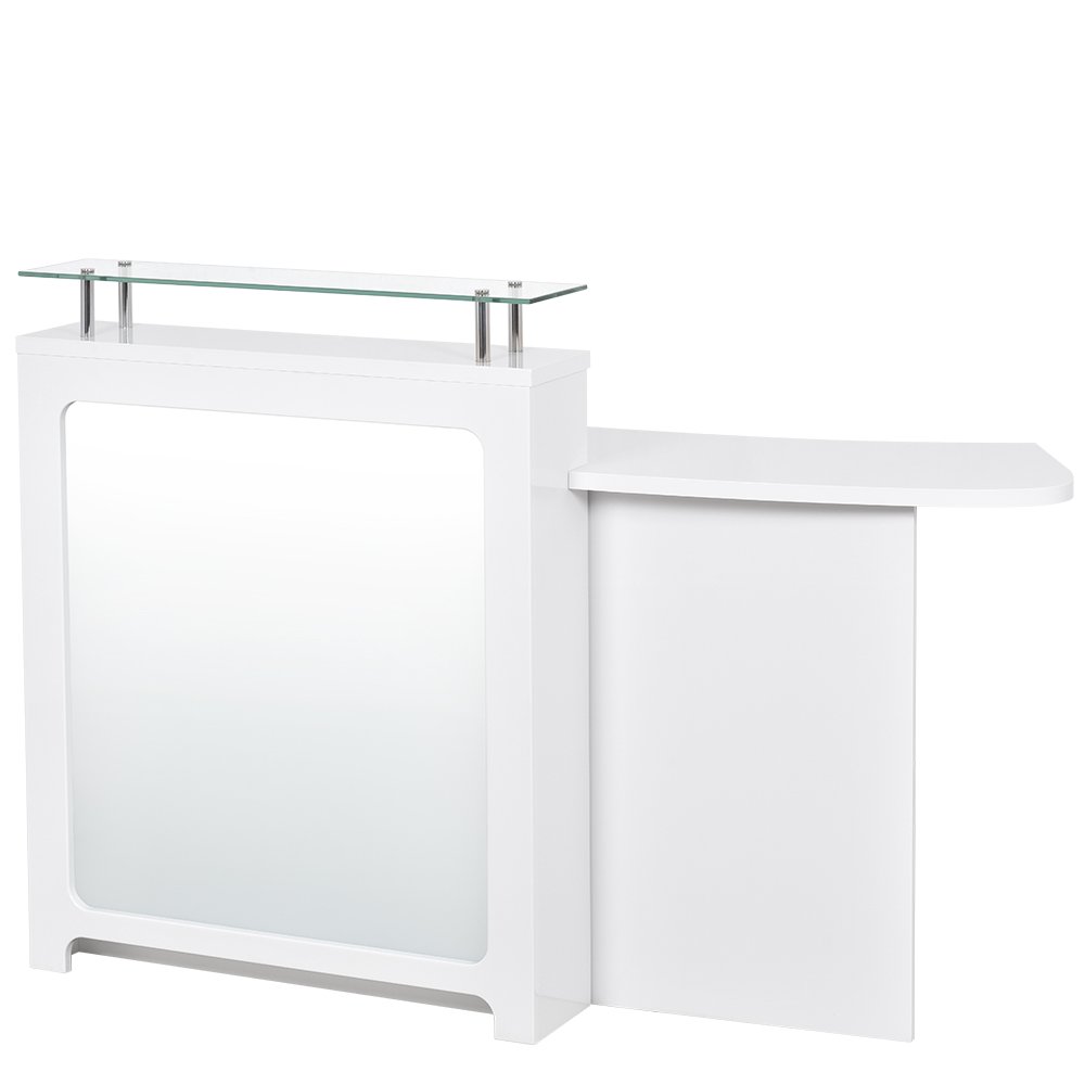 Modern white salon reception desk with raised glass shelf and ADA check-in counter extension.