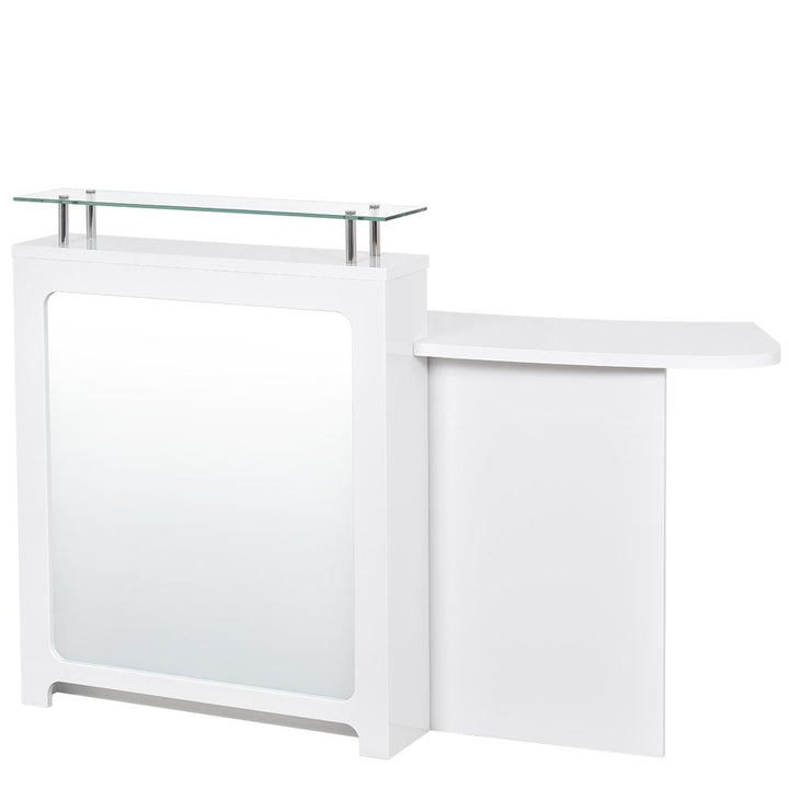 Modern white salon reception desk with raised glass shelf and ADA check-in counter extension.