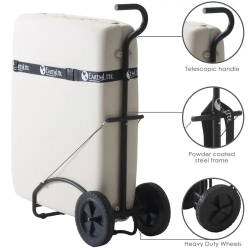Earthlite Traveler Table Cart with large wheels and durable steel frame for transporting massage tables safely and easily.